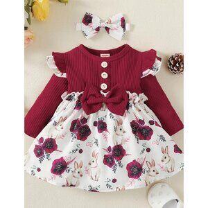 Floral Bunny Easter Spring Long Sleeve Dress & Head Bow Size 18-24 Months NEW